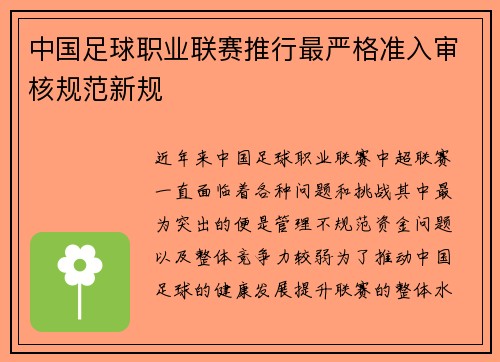 中国足球职业联赛推行最严格准入审核规范新规 中国足球职业联赛推行最严格准入审核规范新规